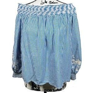 Soprano blue striped top off the shoulder long sleeve blouse size M